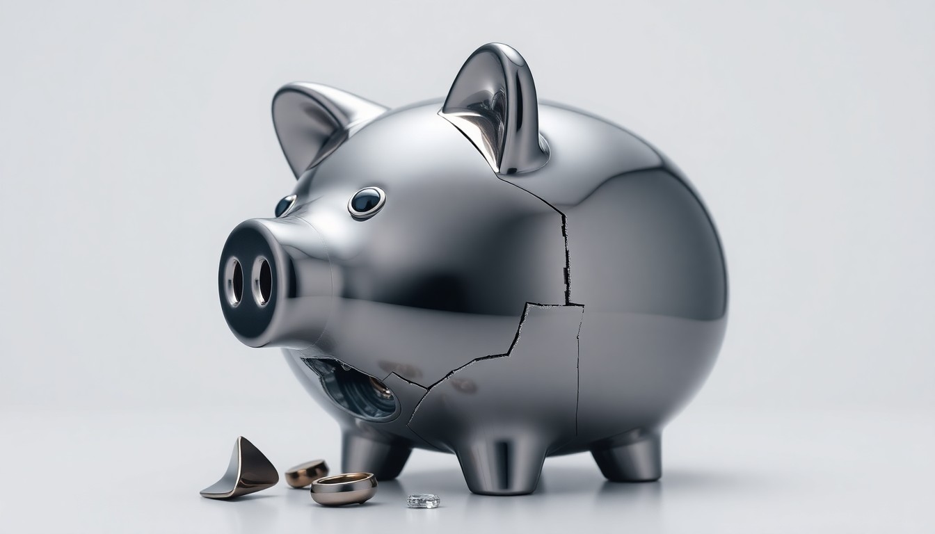 A photorealistic studio still life of a shattered chrome piggy bank, conceptually representing the collapse of QVC Group's TV shopping business model.