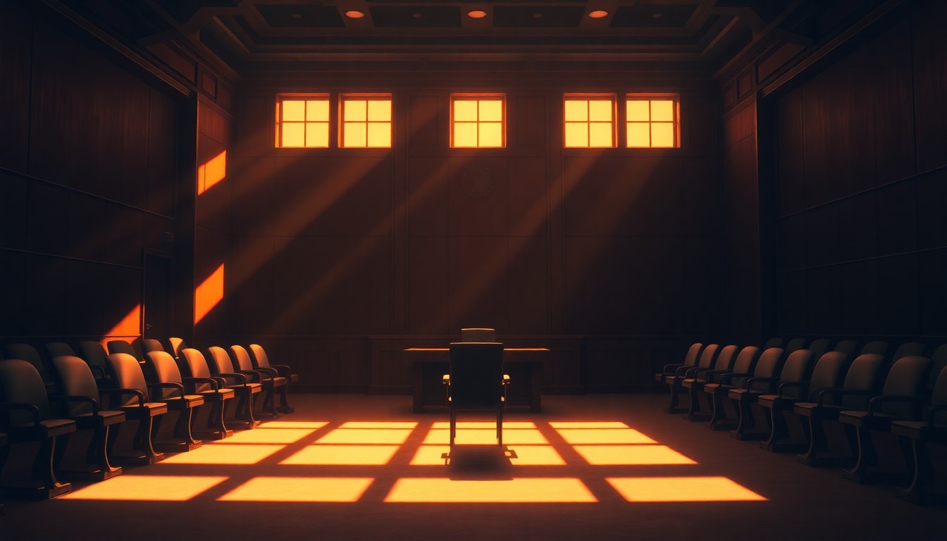 A dimly lit, empty courtroom with a single chair and desk in the center, bathed in warm, golden light and deep shadows, conveying a sense of contemplation and the weight of the judicial process.