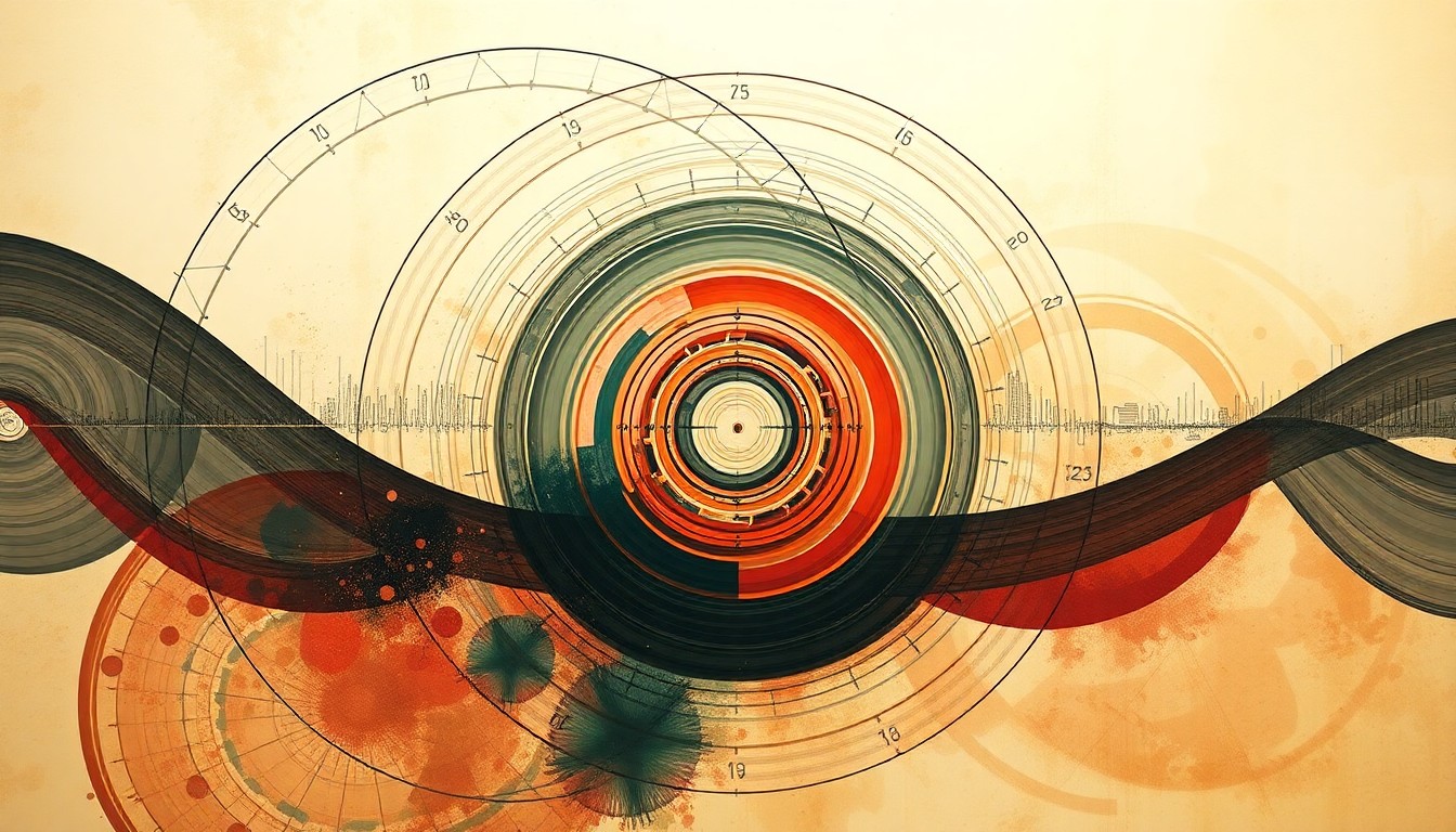 A highly textured, geometric abstract painting in soft pastel colors, featuring sweeping arcs, concentric circles, and precise spiraling forms, conceptually representing the complex interplay of thermal cycling, molecular reactions, and data processing within a next-generation PCR system.