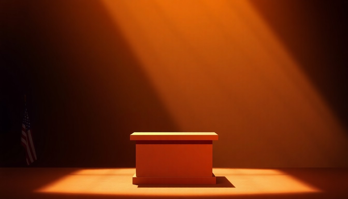 A quiet, cinematic painting of an empty podium in a political setting, bathed in warm, diagonal sunlight and deep shadows, conceptually representing the ongoing debate over the U.S.-Israel relationship within the Democratic Party.