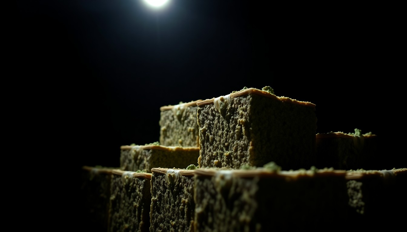 An extreme close-up photograph of several tightly packed bricks of marijuana, lit by a harsh, direct camera flash against a pitch-black background, conceptually illustrating the large-scale drug seizure.