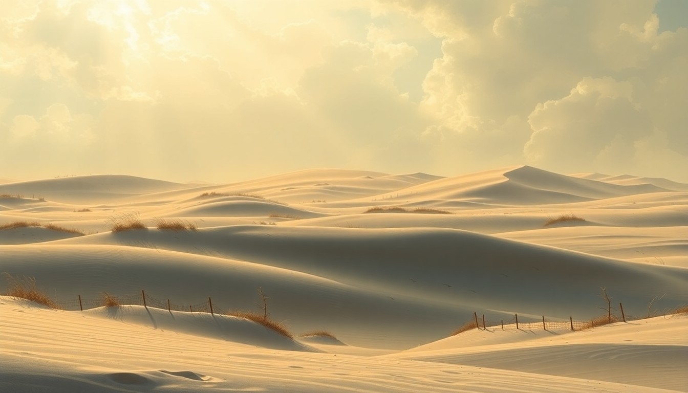 A sweeping, atmospheric landscape painting in muted tones of gray, blue, and tan, depicting the vast, windswept dunes of Ponce Inlet. The sand fencing structures are barely visible, dwarfed by the overwhelming scale of the natural environment.