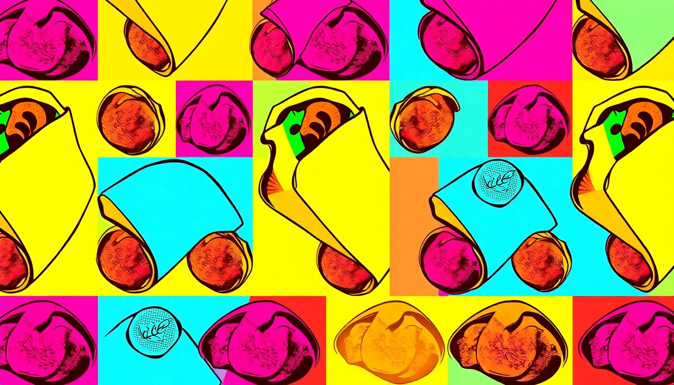 A vibrant, high-contrast silkscreen print of a single, iconic Lebanese food item like a shawarma wrap or falafel ball, repeated in a tight grid pattern in a neon color palette, conceptually representing the authentic Mediterranean flavors coming to Viera.