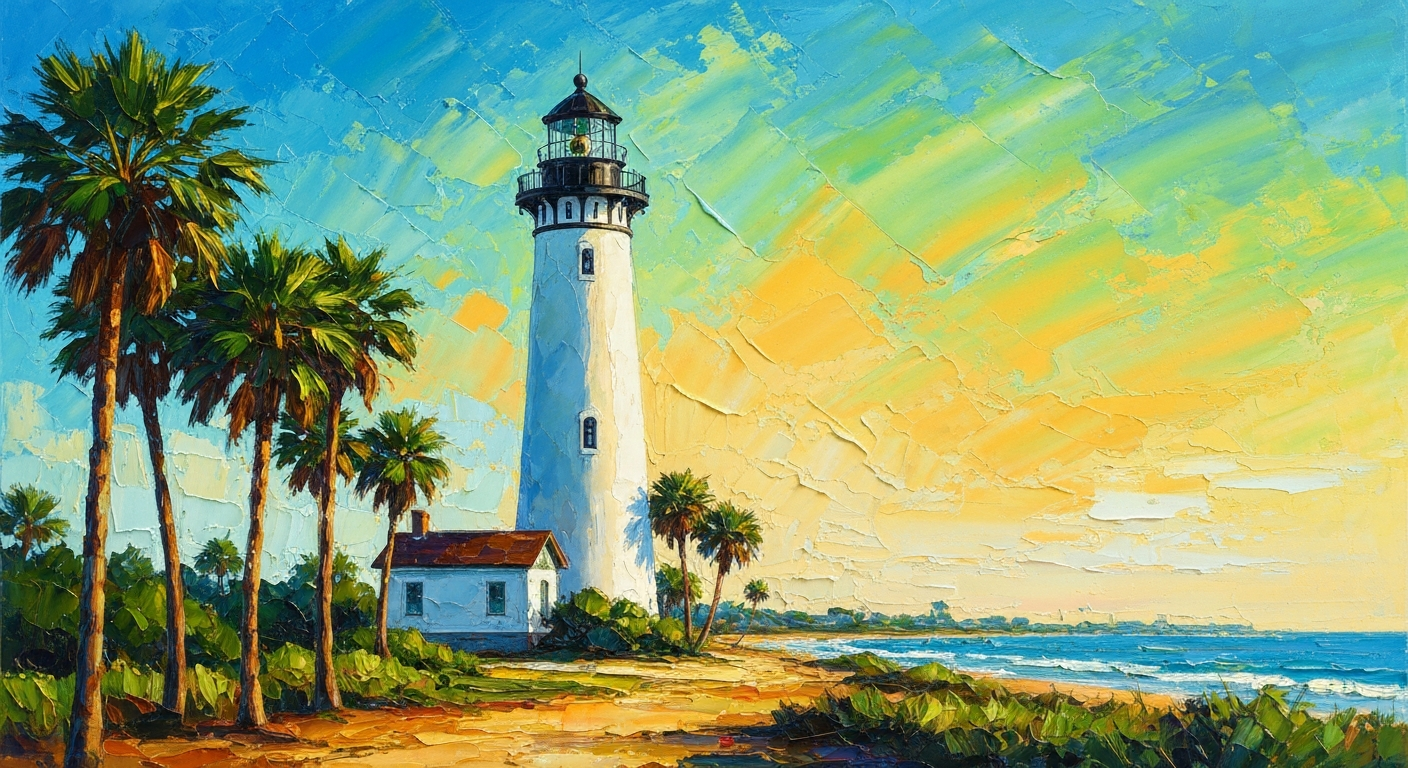 A textured oil painting depicting the Ponce Inlet Lighthouse, with its iconic tower and surrounding palm trees rendered in bold, expressive brushstrokes against a vibrant, sun-drenched coastal landscape.