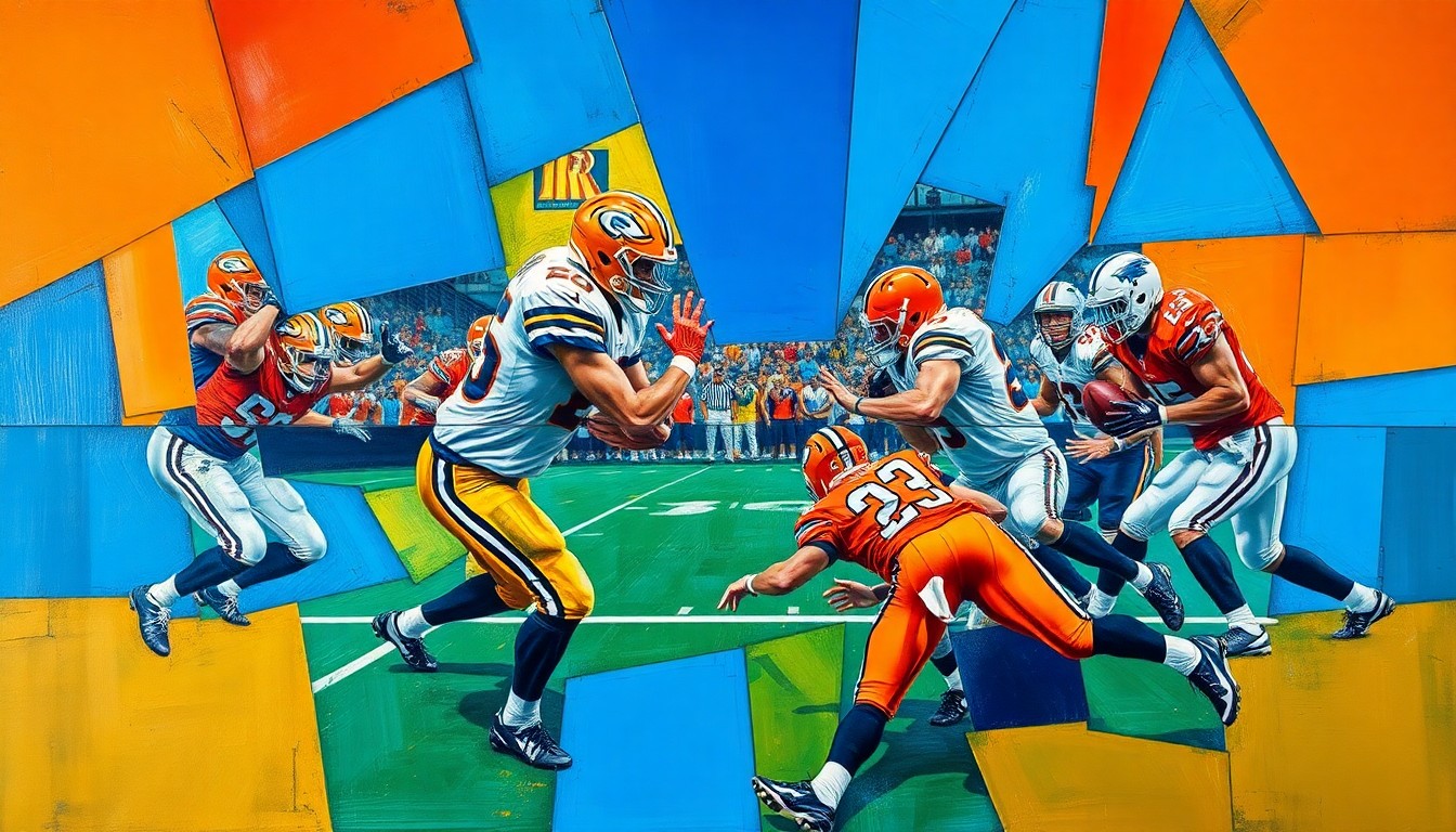 A cubist, geometric painting depicting a fragmented football player in motion, with sharp planes of color and overlapping shapes representing the dynamic quarterback situation in Las Vegas.