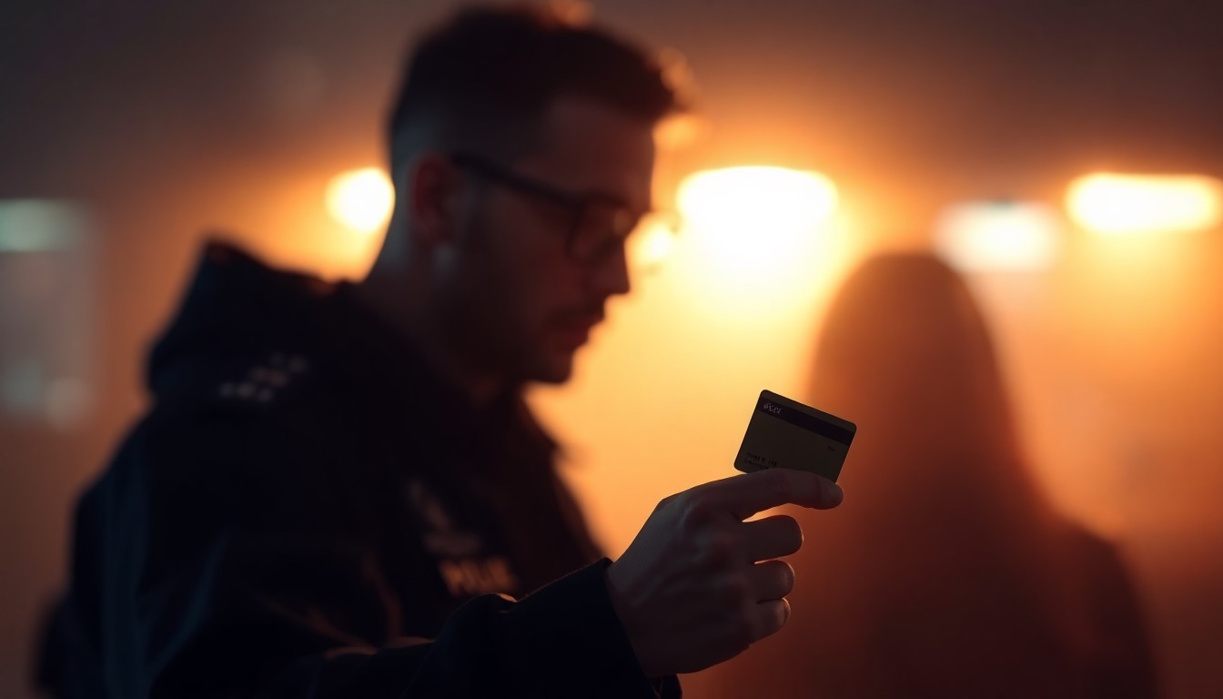 An abstract, impressionistic scene of a police officer and a person with a wallet card, their figures blurred and obscured in a warm, hazy glow of soft colors and light.
