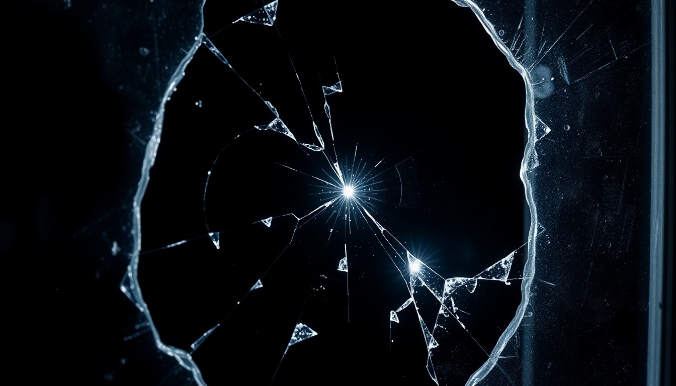 An extreme close-up photograph of a broken window frame, the glass shattered and reflecting a harsh, direct camera flash against a pitch-black background, conceptually illustrating the aftermath of a violent event and the collateral damage caused by a police investigation.
