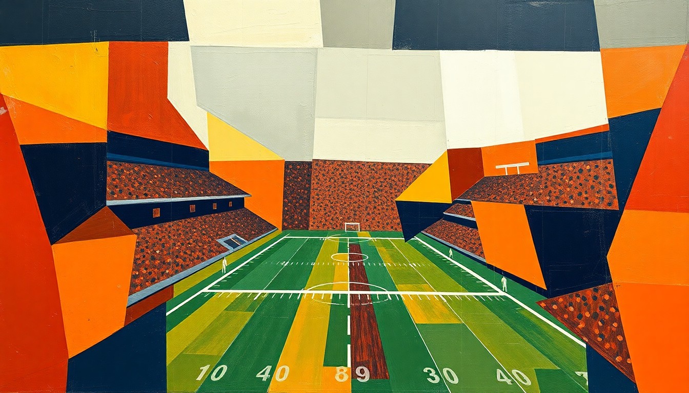 A cubist, geometric painting depicting a fragmented football game, with sharp planes of orange, brown, and navy blue representing the action on the field.
