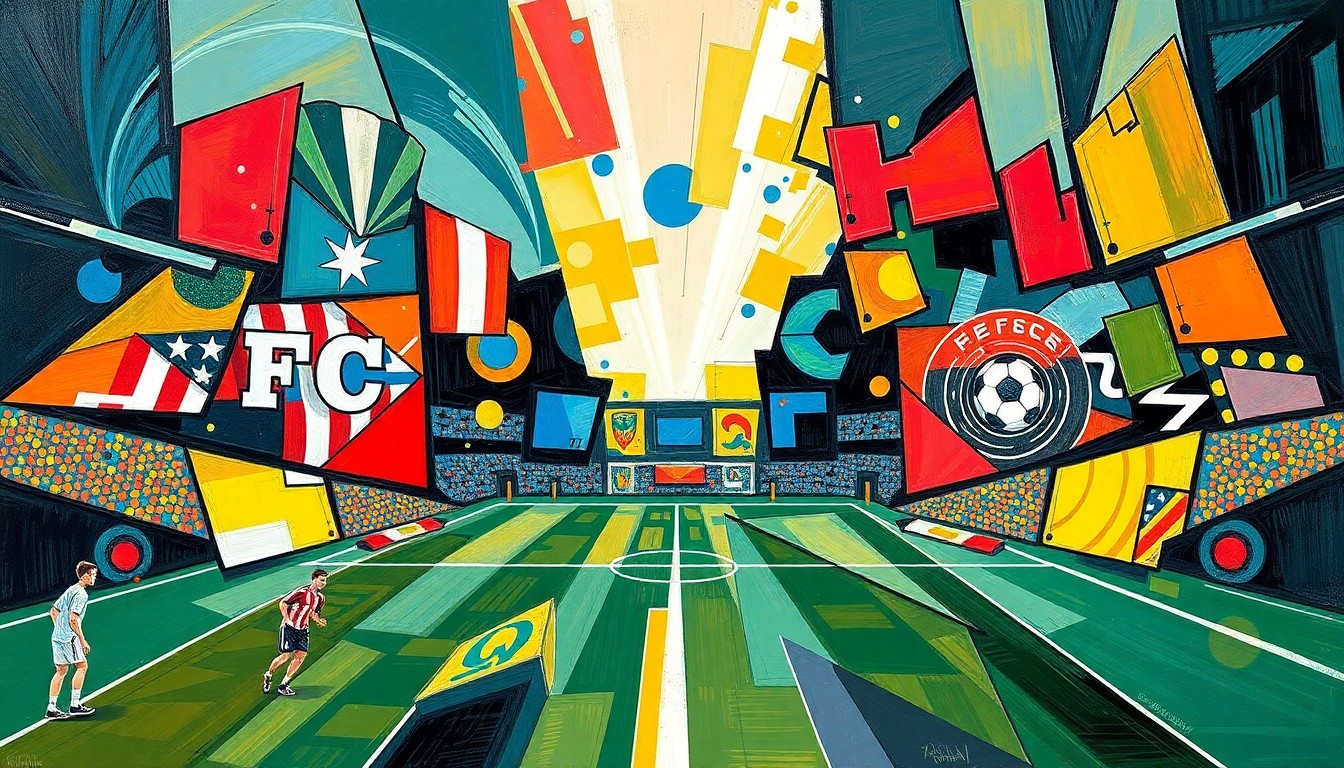 A cubist, geometric painting depicting a soccer match with overlapping planes of color and shape, representing the tactical battle and physical intensity of the game.