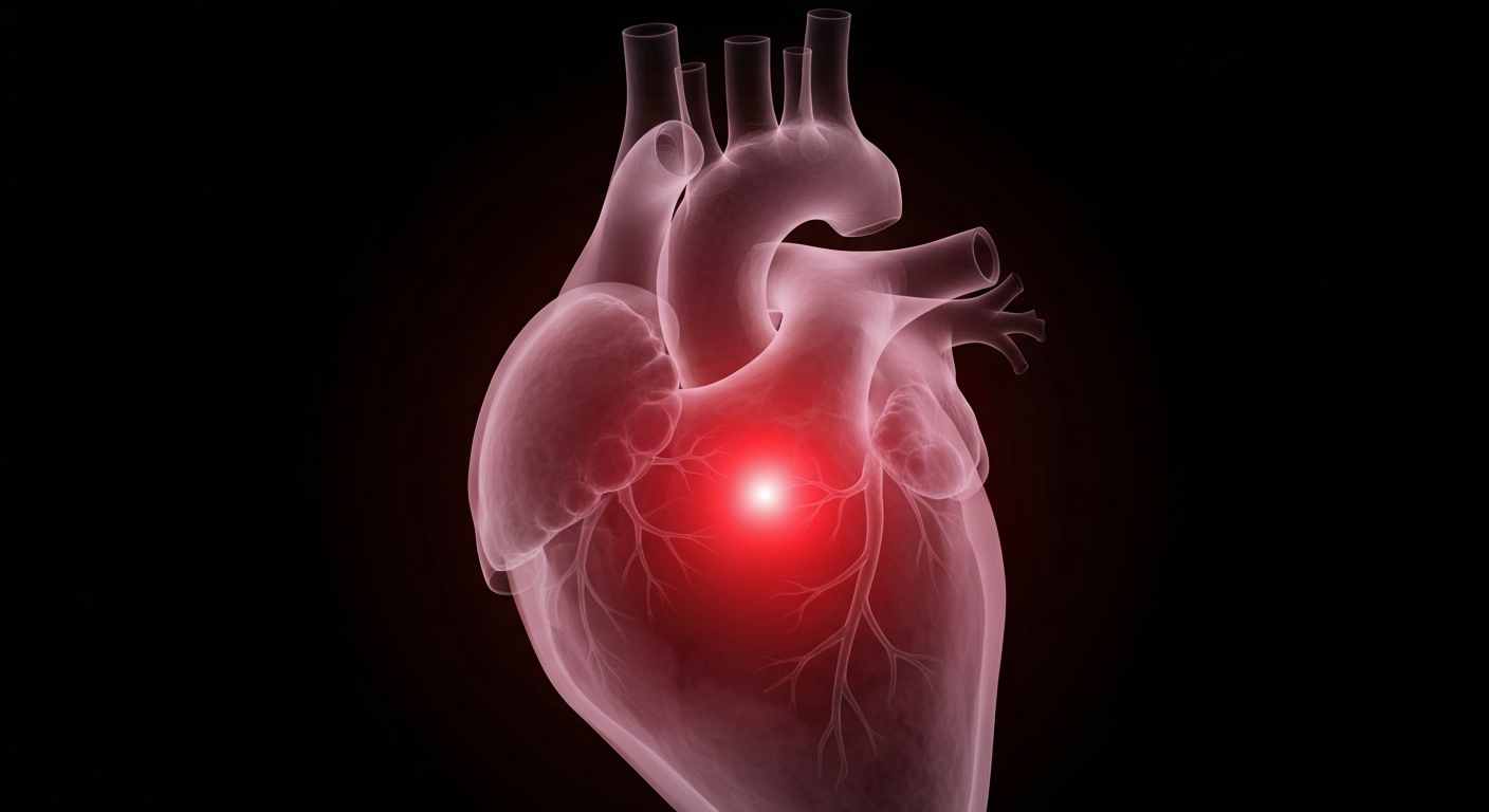 A ghostly, translucent X-ray photograph of a human heart, glowing with a faint red light, conceptually representing the fragility of health and the risks of substance abuse.