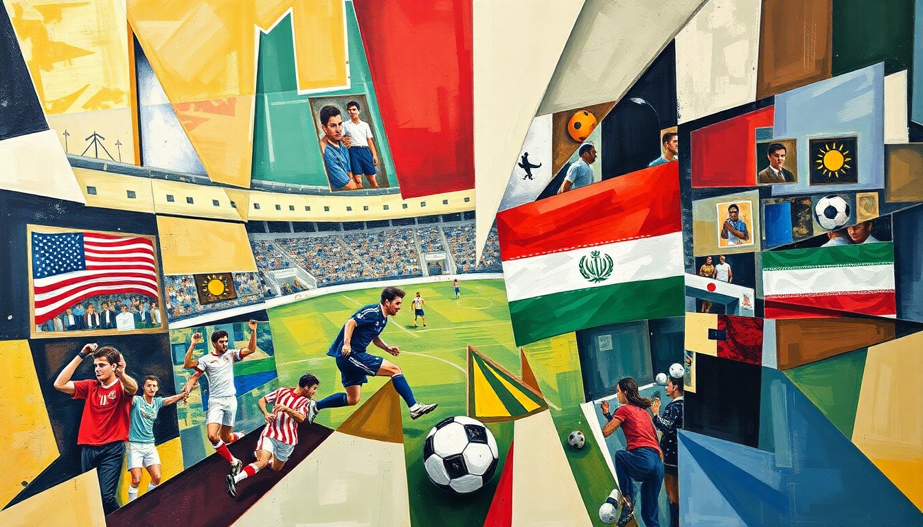 A cubist, geometric painting depicting a soccer match between the U.S. and Iran national teams, with the players and field broken down into sharp, overlapping shapes and planes, conceptually representing the political tensions surrounding their participation in the tournament.