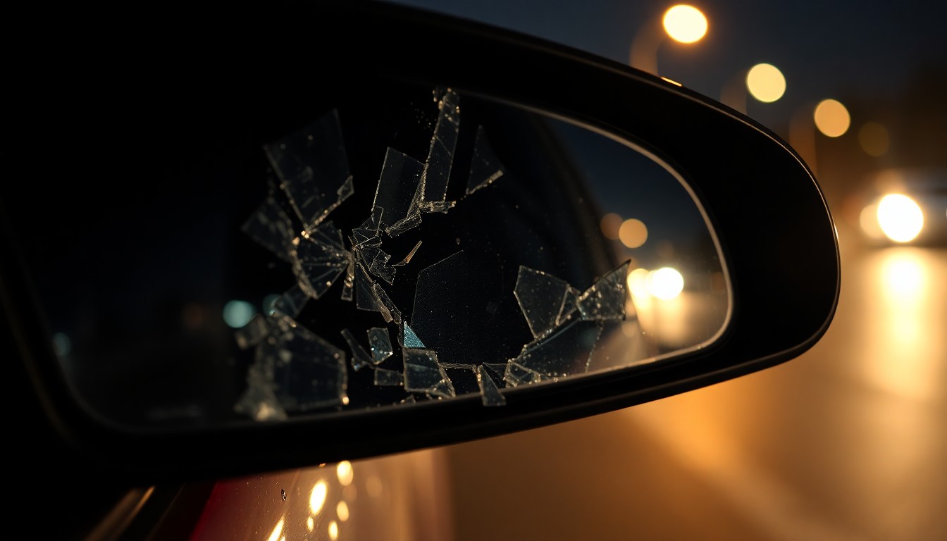 An extreme close-up photograph of a shattered car side mirror reflecting the faint glow of streetlights, conceptually illustrating the aftermath of a hit-and-run crash.