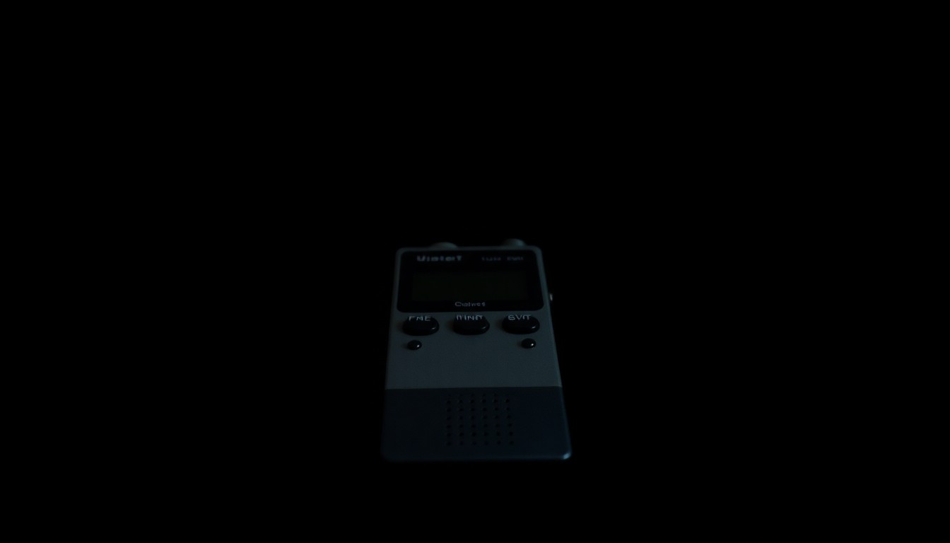 An extreme close-up photograph of a small digital audio recorder, its metallic surface and buttons sharply illuminated against a pitch-black background, creating a stark, gritty, investigative aesthetic.