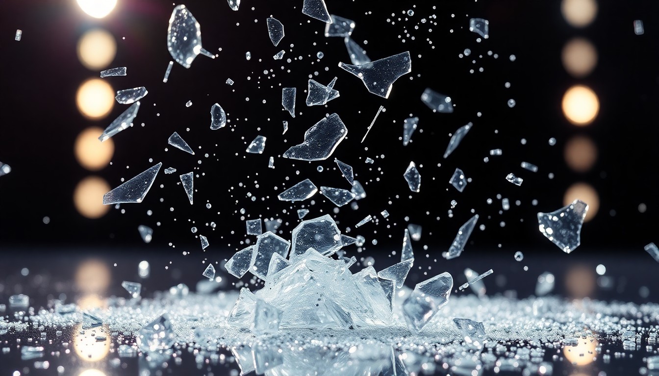 An abstract close-up image featuring shattered glass and glittering sequins in high-contrast studio lighting, conceptually representing the disruption and uncertainty surrounding a news anchor's sudden departure from a live television program.