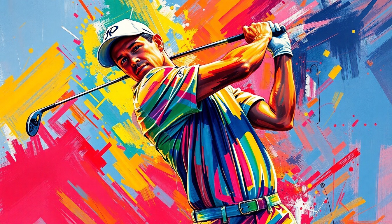 An abstract, expressionist painting using vibrant neon colors and rapid brushstrokes to depict the powerful motion and energy of a professional golfer swinging a golf club.