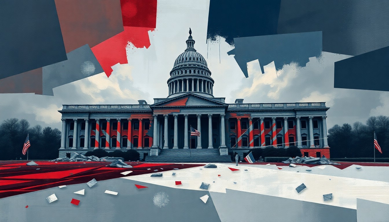 A fractured, abstract painting depicting a government building or political symbol in shades of blue, gray, and red, conveying a sense of political instability and turmoil.
