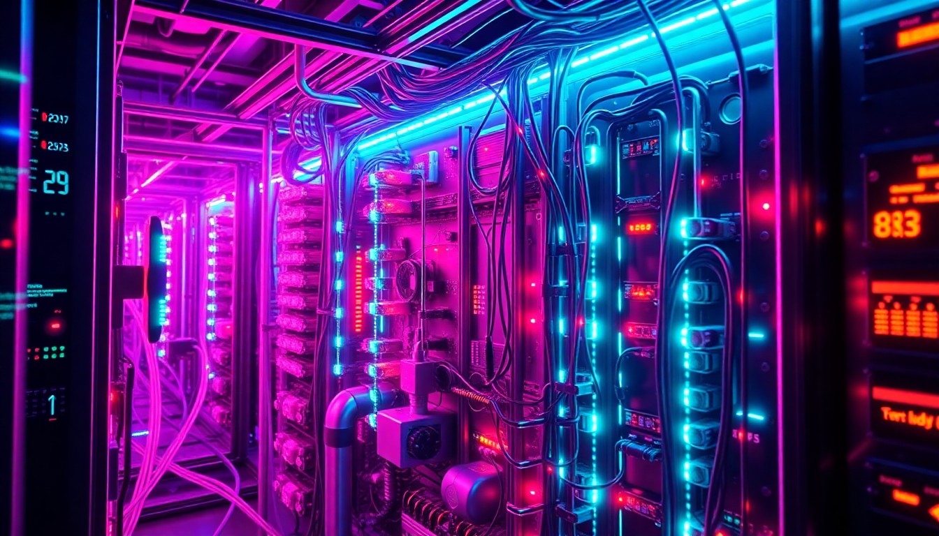 A highly detailed, glowing 3D macro illustration of a complex industrial control system network, with neon cyan and magenta lights illuminating the various hardware components, cables, and data flows, conceptually representing the technical complexity and interconnectedness of critical infrastructure networks that require robust internal security monitoring.