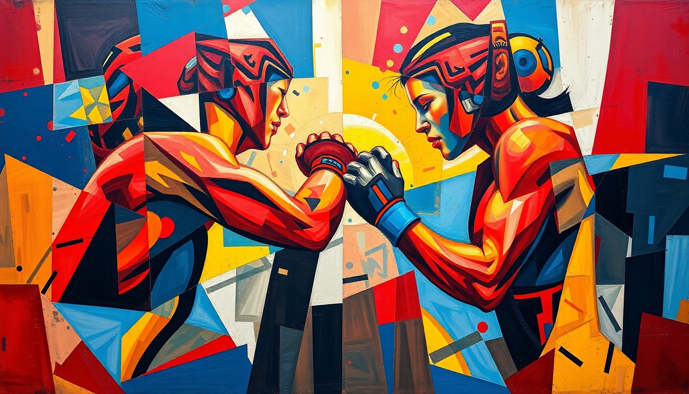 A fragmented, cubist-style painting depicting the dynamic movements and intensity of a women's MMA title fight, with sharp geometric shapes and planes of vibrant red, blue, and yellow colors.