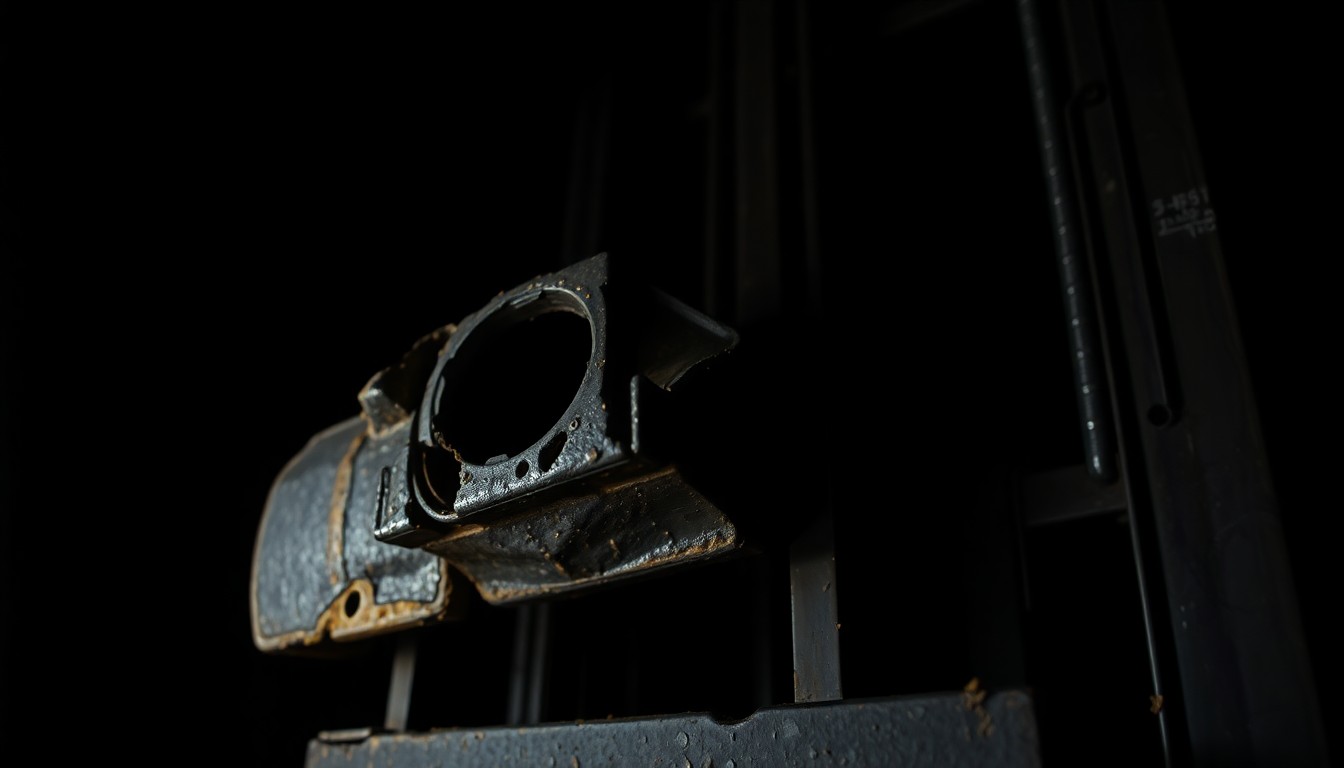 An extreme close-up photograph of a damaged forklift component, such as a twisted metal part or shattered lens, lit by a harsh, direct flash against a black background, conveying a sense of the industrial accident's gritty details.
