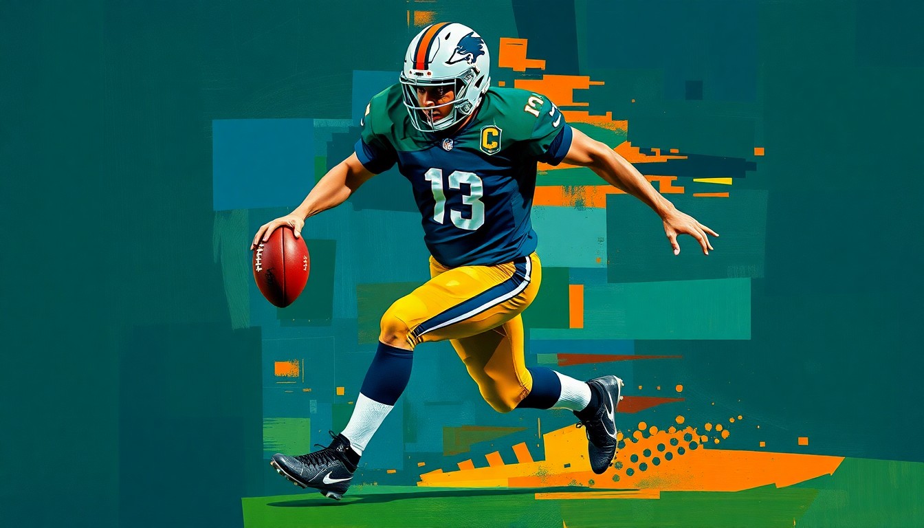 A fragmented, cubist-style painting depicting a football player in mid-stride, with the player's body and the football itself broken down into sharp, overlapping geometric shapes in a palette of dark blue, green, and orange, conveying the complex decisions facing the Eagles regarding their star wide receiver.