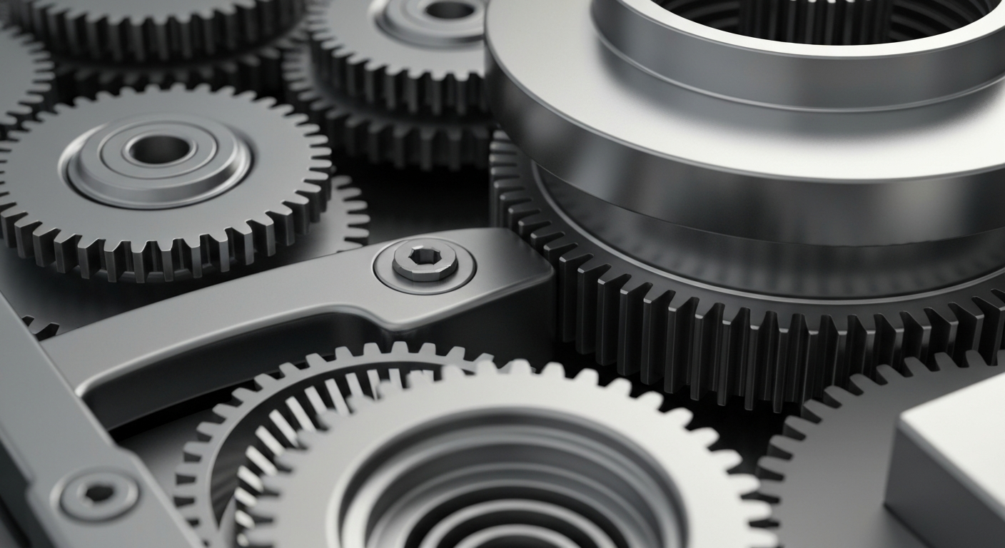 An extreme close-up of the complex, interlocking gears and mechanisms of a banking machine, conveying the heavy, industrial nature of Alphabet's financial operations without using any literal currency or charts.