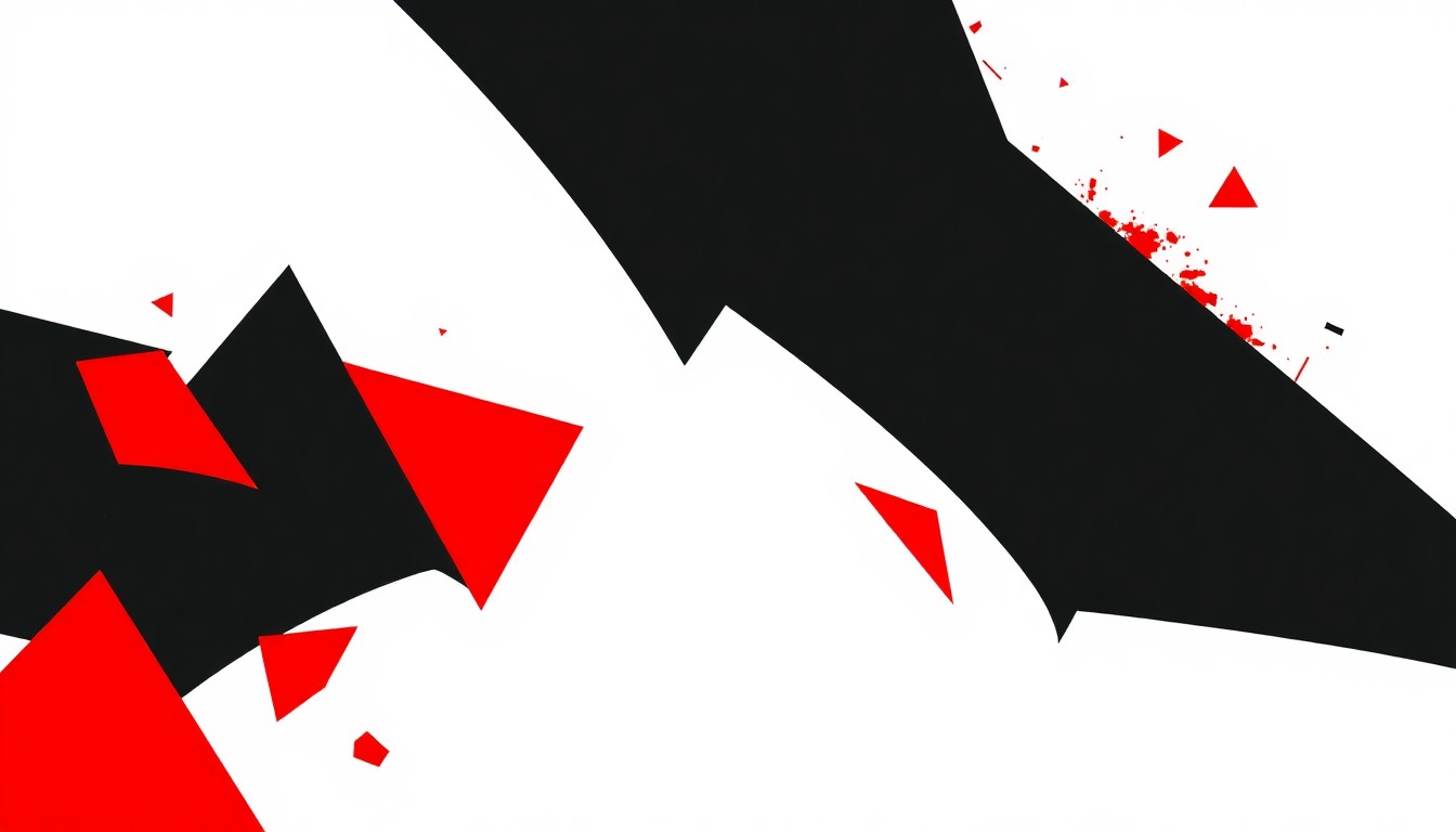 An abstract illustration composed of bold, jagged black and red geometric shapes, conceptually representing the creativity and ingenuity of young inventors.