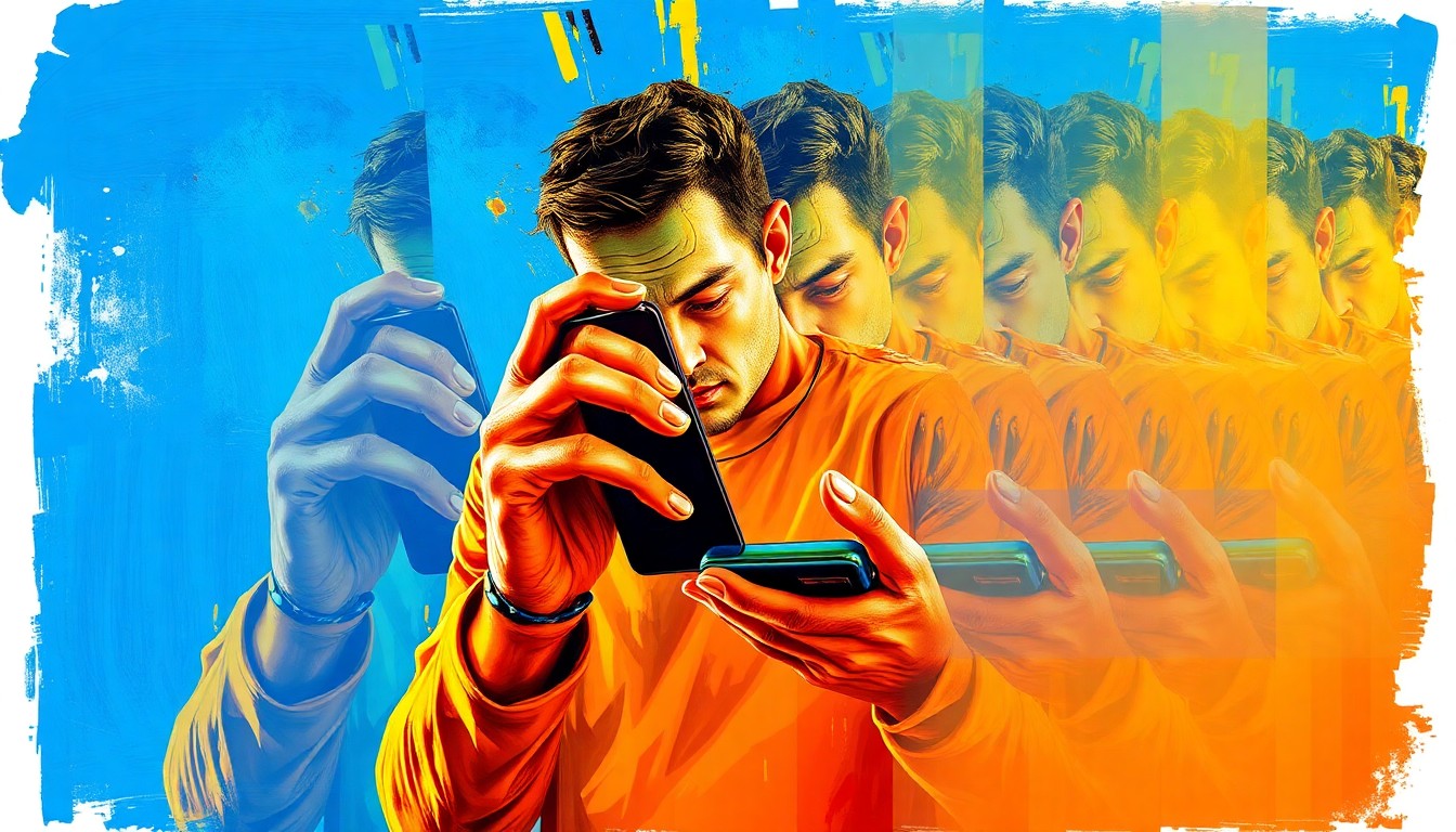 A vibrant, abstract painting of a person's hand holding a smartphone, the image repeated in overlapping, fractured geometric shapes in shades of blue, orange, and yellow, conceptually representing the dynamic and fast-paced nature of online betting and prediction markets.