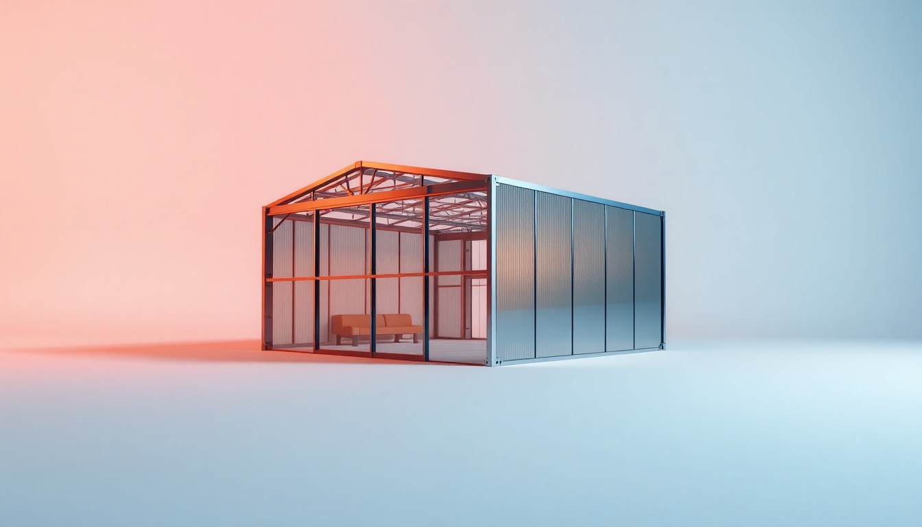 A highly polished, geometric metal sculpture in the shape of a warehouse or distribution center, placed on a clean, monochromatic background and dramatically lit to create sharp shadows, conceptually representing the abstract ideas of logistics, supply chain, and real estate investment.