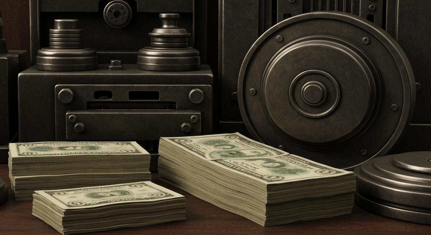 An extreme close-up of intricate gears, levers, and metal components of a large banking machine, conveying the complex, industrial nature of modern financial infrastructure.