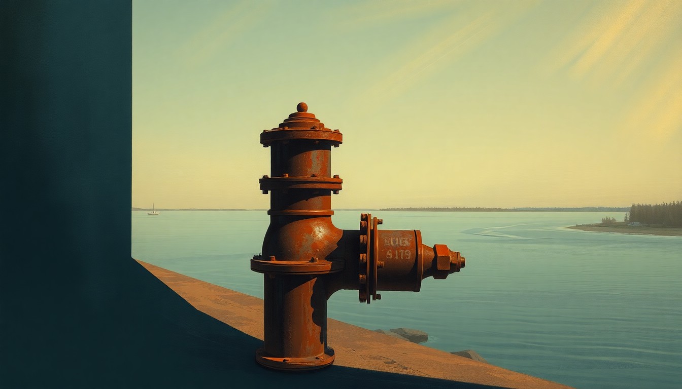 A serene, photorealistic painting of an old, weathered pipeline valve or meter station along the banks of the St. Clair River, bathed in warm, golden sunlight and deep shadows, conveying a sense of industrial nostalgia and the lingering environmental risks of aging energy infrastructure.