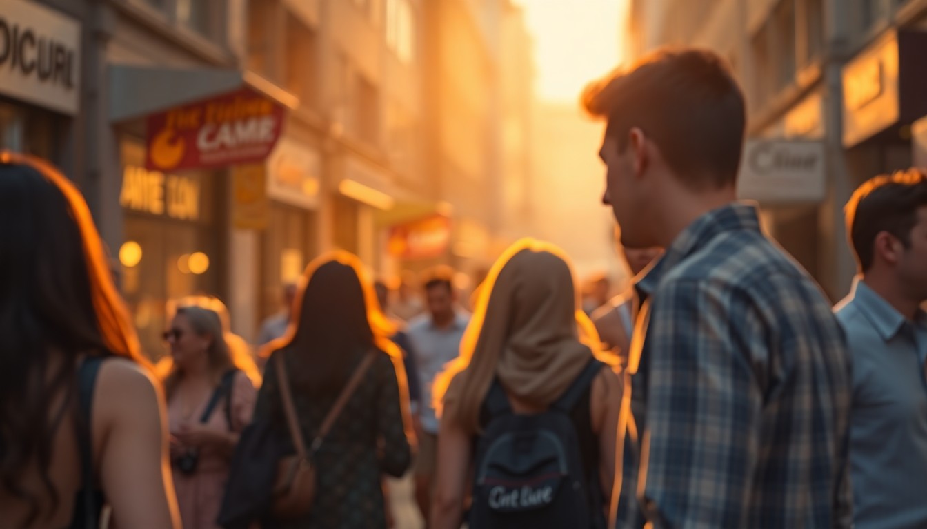 An abstract, impressionistic scene of people engaged in conversation, with soft, blurred figures and vibrant pools of warm light and color creating an intimate, inviting atmosphere.