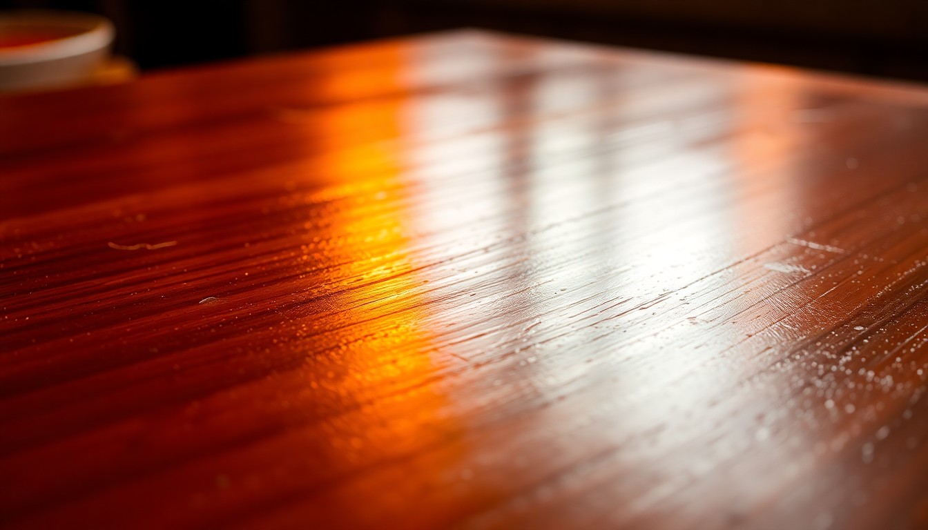 An extreme close-up photograph of a highly polished, lacquered wooden surface, reflecting warm studio lighting in a way that creates a luxurious, high-end aesthetic suggestive of modern Chinese cuisine.
