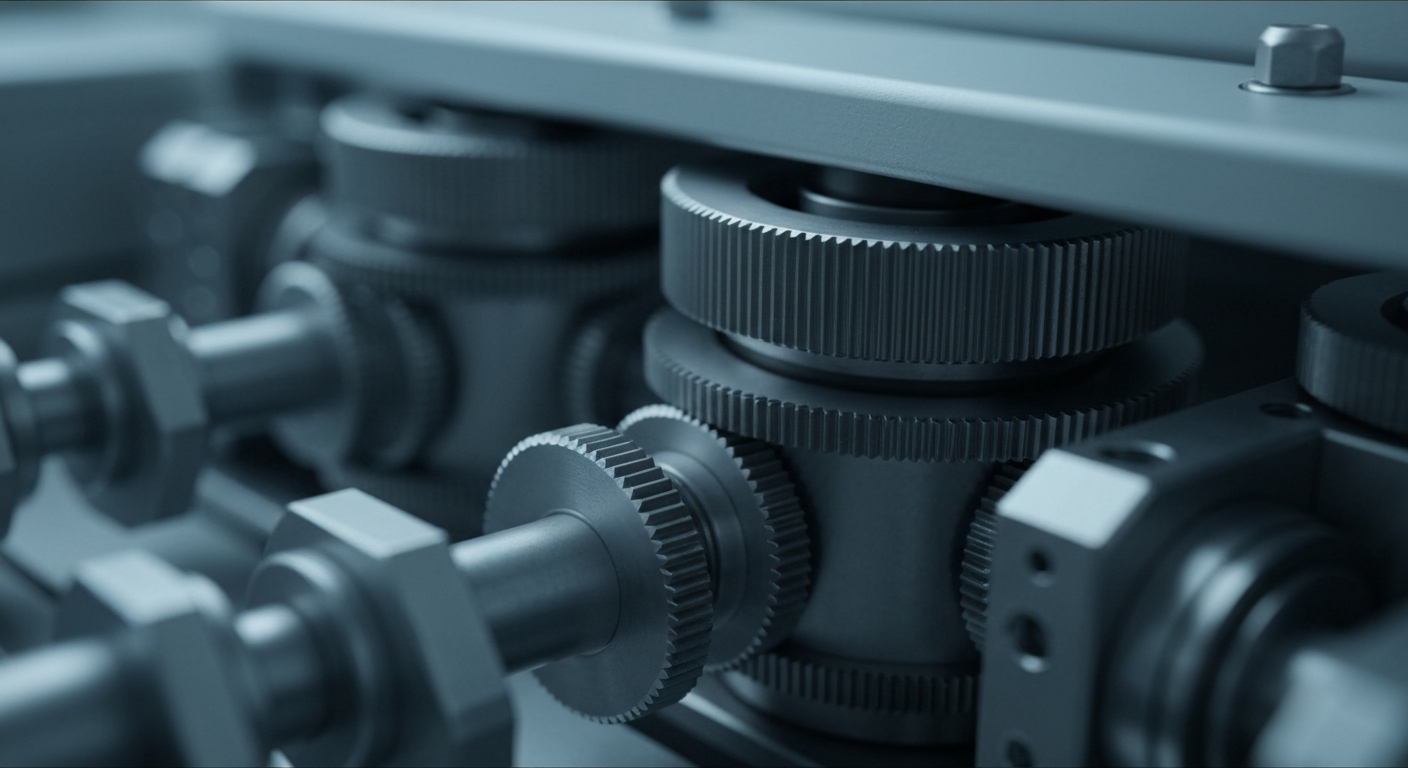A highly detailed, black-and-white close-up image of the complex mechanical components and gears of a medical device, conveying a sense of the intricate engineering and manufacturing behind Anteris Technologies' products.
