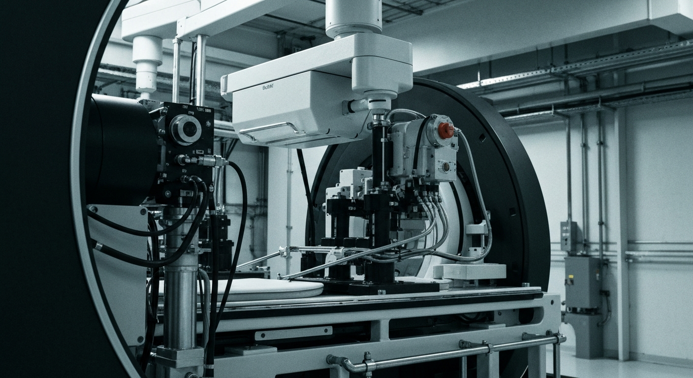 An extreme close-up of the gears, sensors, and metal components that make up the internal machinery of a medical imaging device, conveying the technical sophistication and industrial scale of RadNet's operations.