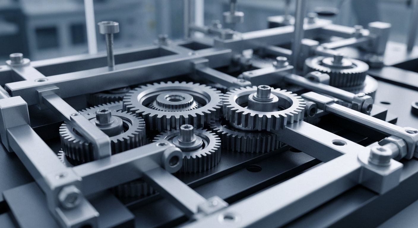 An extreme close-up photograph of the intricate mechanical components and machinery found in a biotech laboratory, representing the technical complexity of Compass Therapeutics' drug development process.