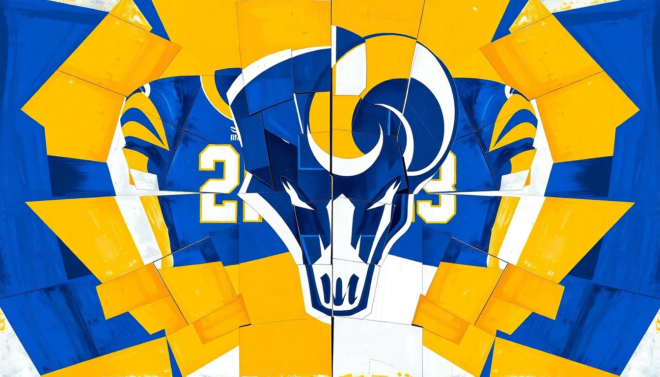 A cubist-style painting featuring fragmented, geometric shapes in royal blue, gold, and white, representing the new design elements of the Los Angeles Rams' uniforms and logo.
