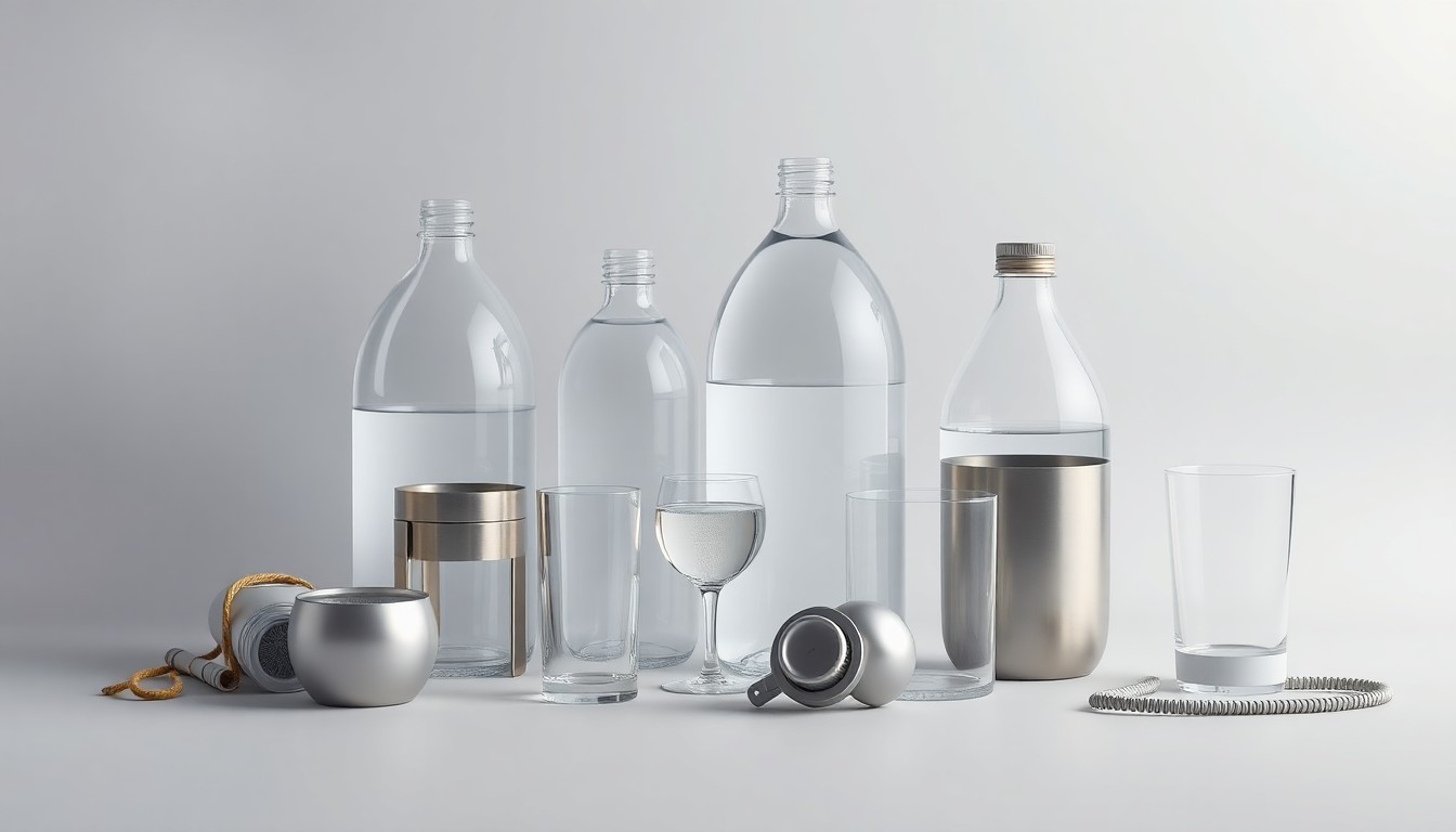 A high-end, photorealistic studio still-life photograph featuring an elegant arrangement of polished gallon-sized water bottles, glass tumblers, and pet accessories on a clean, monochromatic seamless background, representing the quality and wellness focus of the EPETWATER brand.