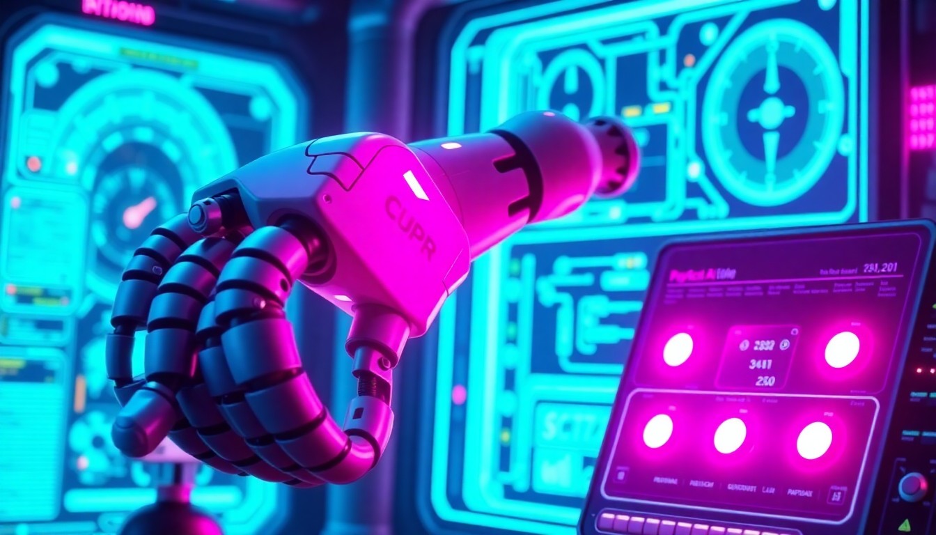 A highly detailed, glowing 3D illustration of a robotic arm and control panel, with neon cyan and magenta lights illuminating the intricate mechanical components, conceptually representing the advanced technology powering the physical AI economy.