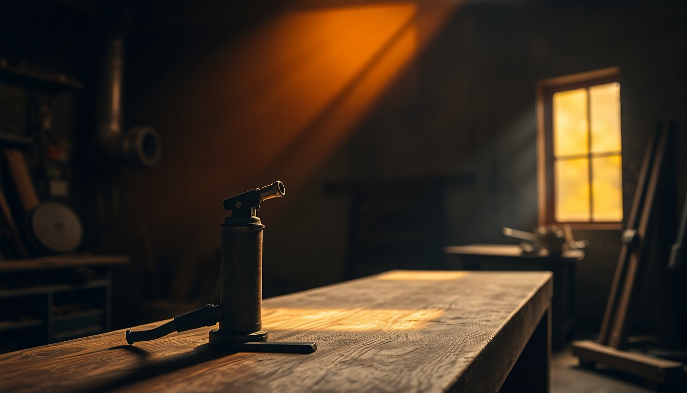A close-up view of an old, well-used welding torch resting on a wooden workbench in a shadowy, industrial setting, conveying a sense of the blue-collar roots and working-class appeal of the political candidate.