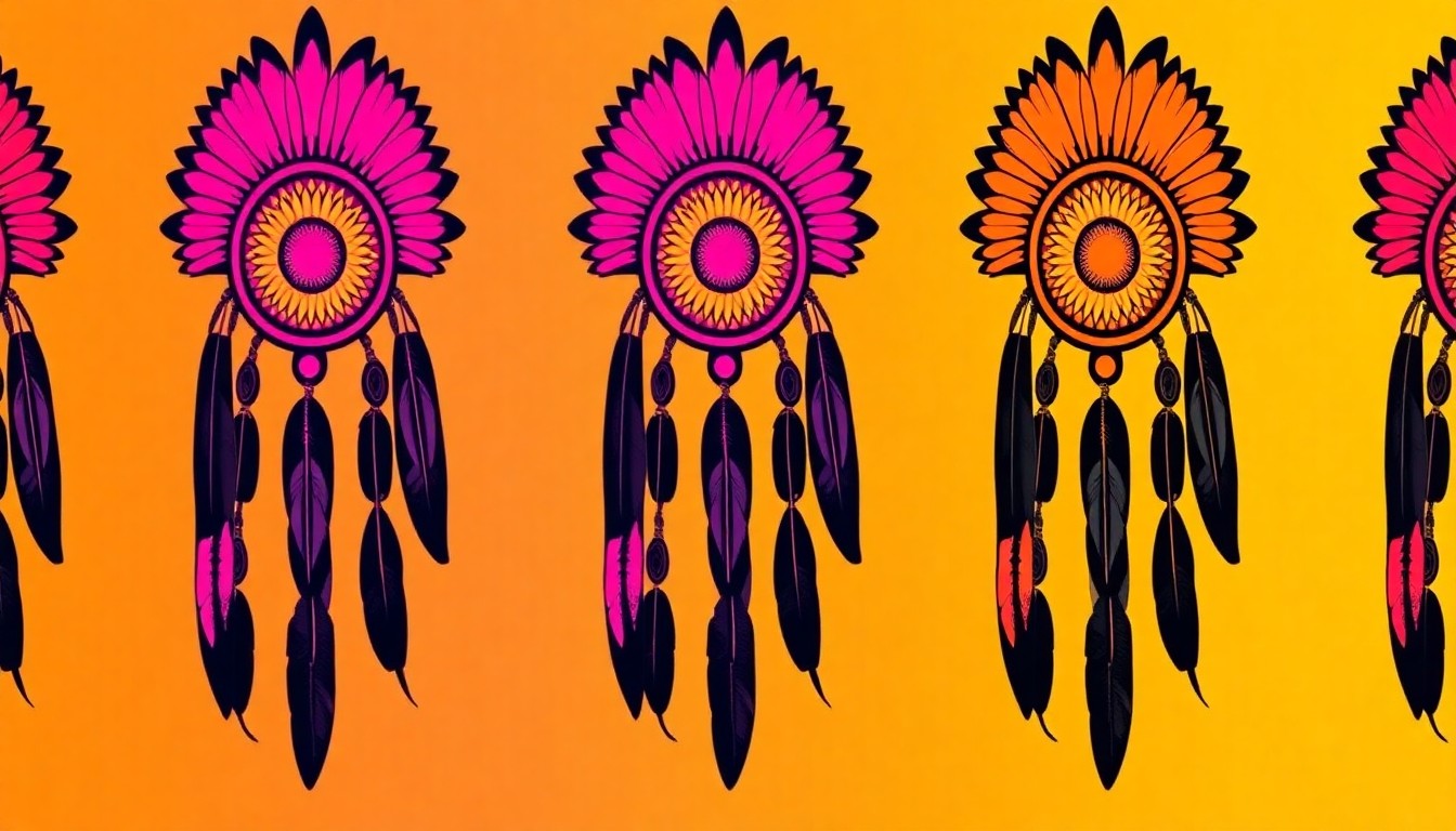 A highly stylized, abstract silkscreen print featuring a repeating pattern of a single, iconic Indigenous ceremonial object rendered in bold, neon colors and heavy black outlines, conceptually representing the celebration of cultural identity and community at the 