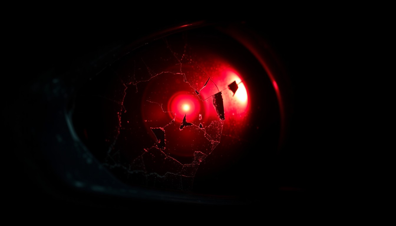 An extreme close-up of a shattered car sensor lens reflecting a faint red light, conceptually illustrating the vandalism of self-driving cars.
