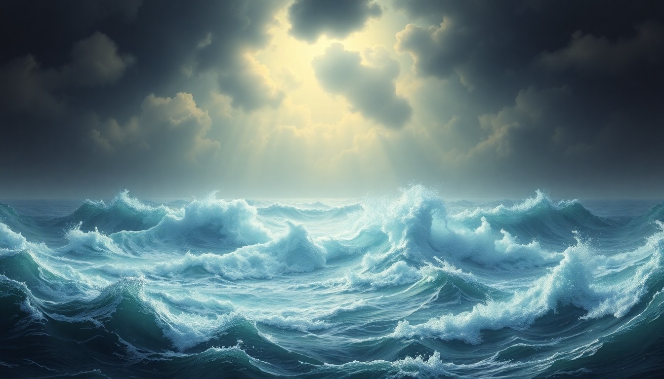 A sweeping, atmospheric seascape painting in muted blues and grays, with a massive, swirling rip current dominating the frame and dwarfing any human figures or structures caught within it.