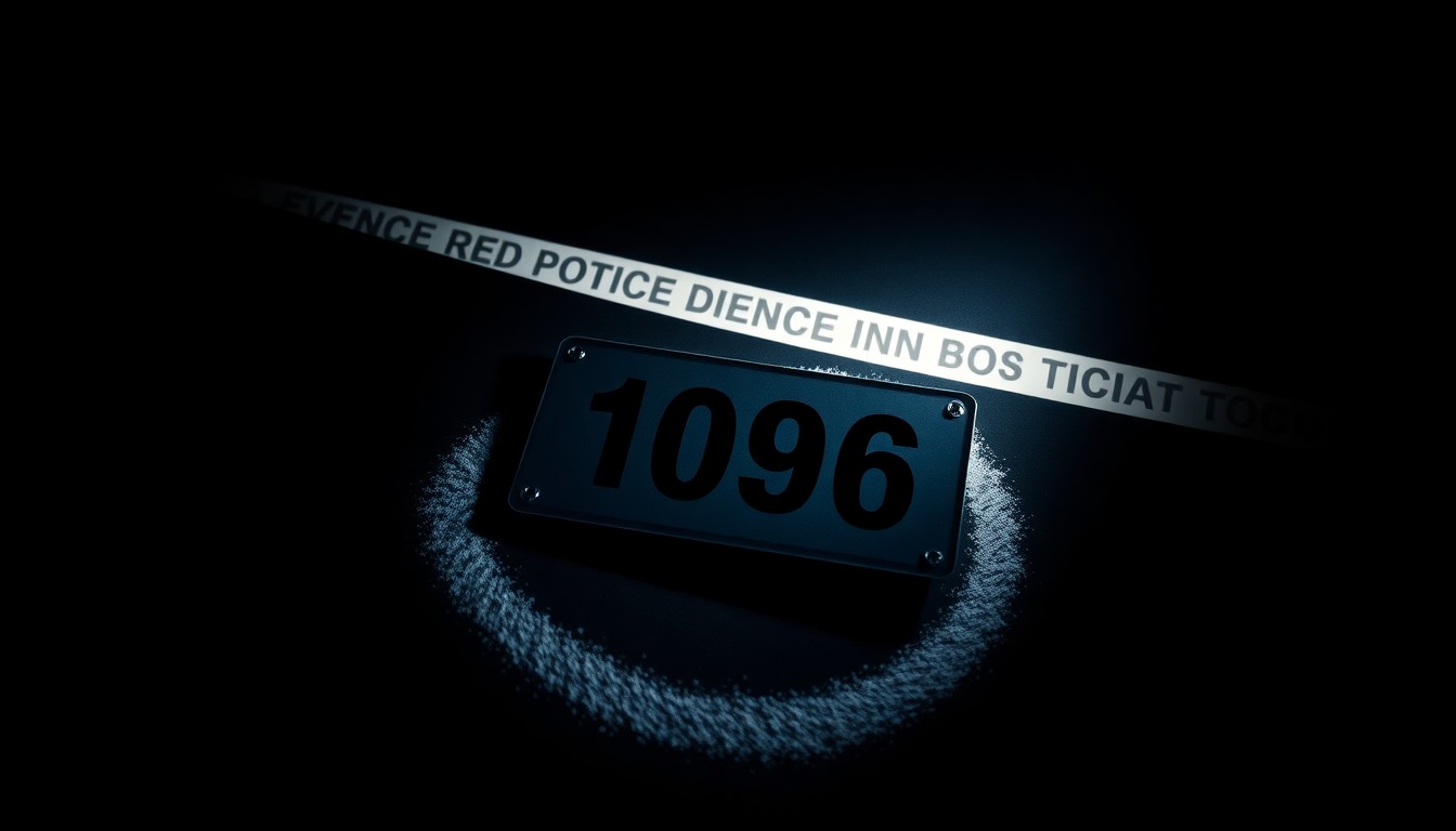 An extreme close-up photograph of a police evidence marker, such as a numbered placard, lit by a harsh, direct camera flash against a pitch-black background, creating a stark, gritty, investigative aesthetic.