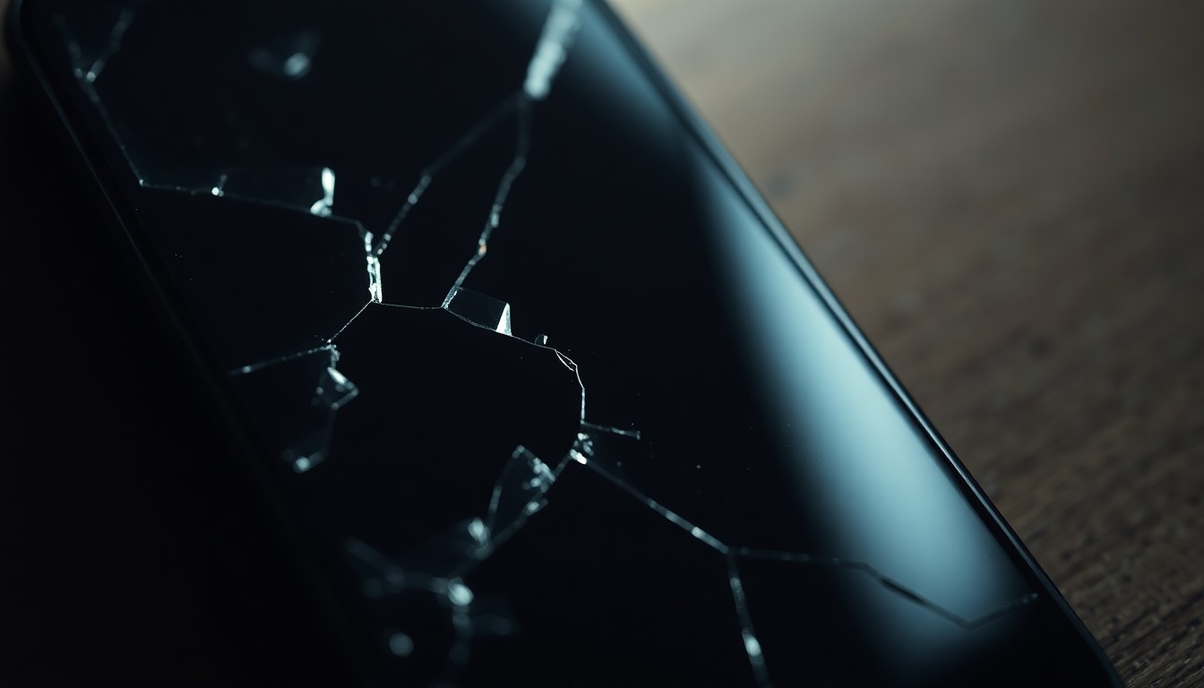 An extreme close-up photograph of a broken cell phone screen reflecting a faint light, conveying the gritty, stark aftermath of a domestic violence incident through dramatic lighting and texture.