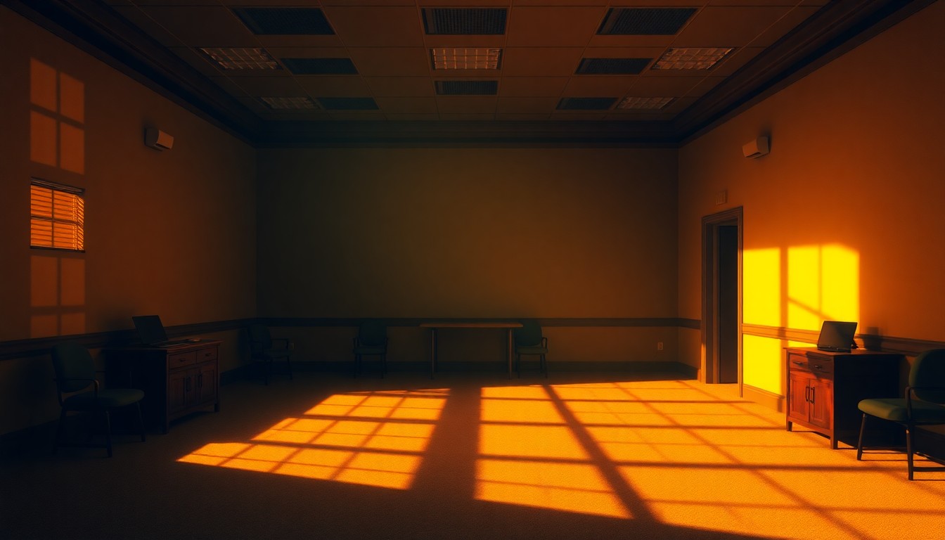 A dimly lit, cinematic government office space with a single desk and chair, the room's warm light and deep shadows creating a sense of political tension and uncertainty.