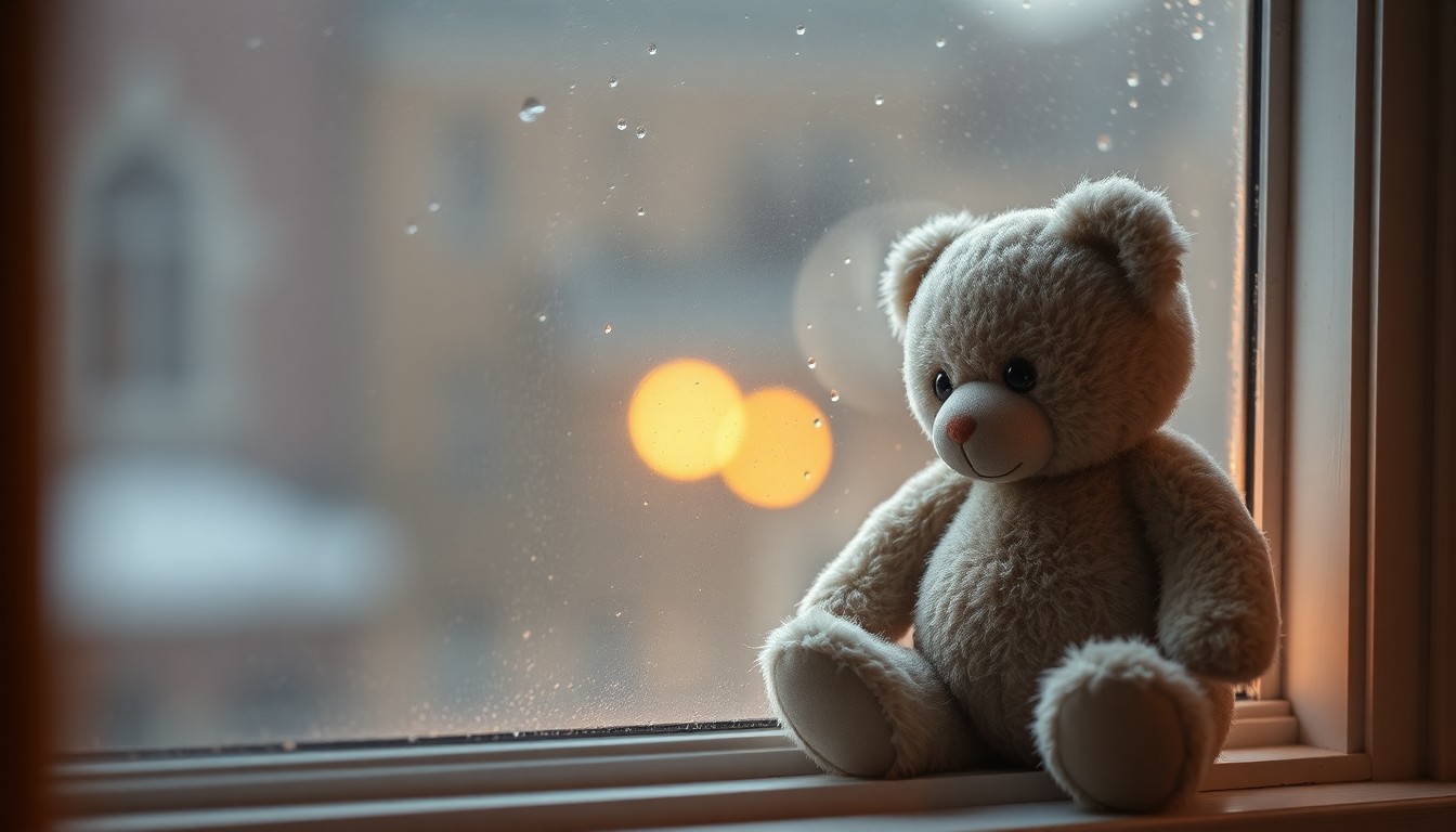A blurred, out-of-focus photograph of a teddy bear sitting on a windowsill, with soft, hazy light filtering through the rain-streaked glass, creating a dreamlike, nostalgic atmosphere.