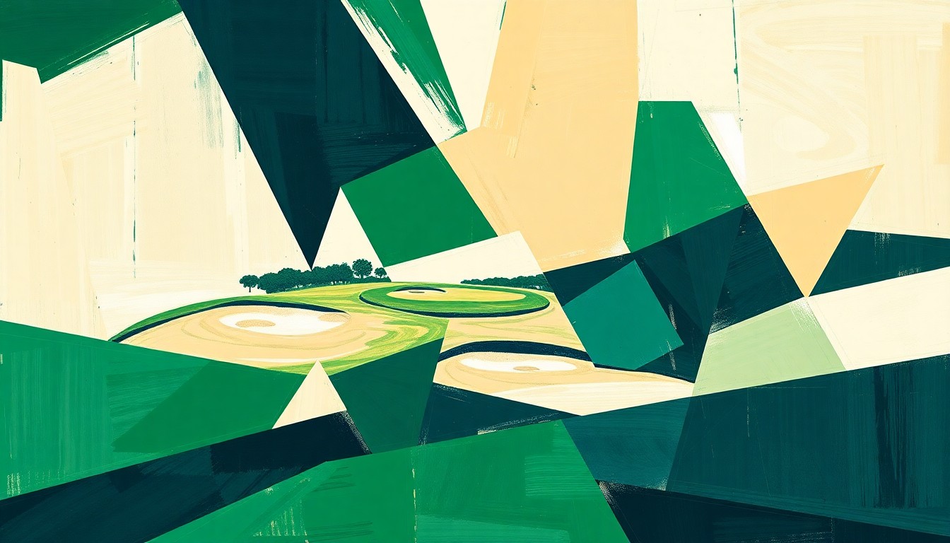A cubist, geometric painting depicting a fragmented, multi-perspective view of a professional golf tournament, with sharp, overlapping planes in shades of green, tan, and blue, conveying the complex challenges facing the LIV Golf tour.