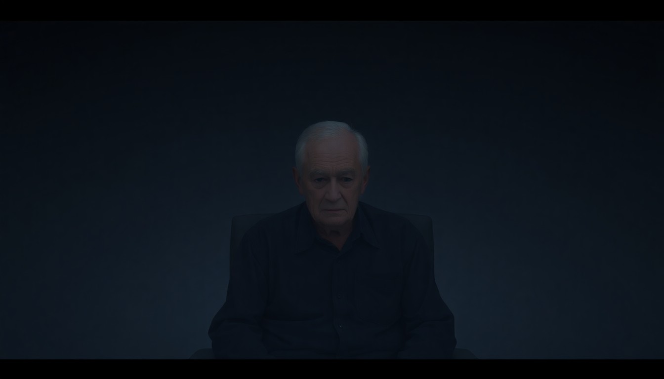 A moody, cinematic painting of an elderly man sitting alone in a dimly lit room, his face partially obscured in shadow, conveying a sense of isolation and cognitive decline.