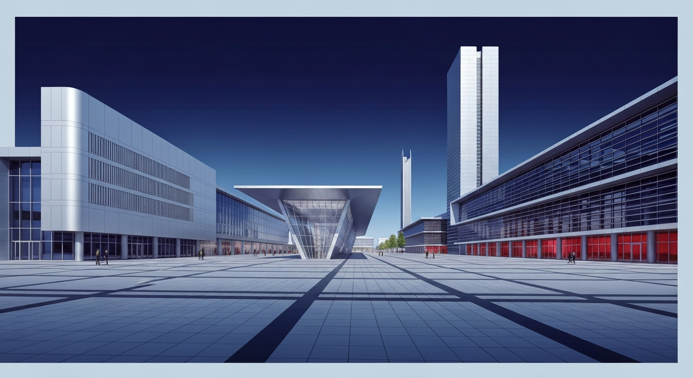 A highly stylized, geometric illustration depicting the sweeping architecture and grand scale of a modern convention center expansion, with towering forms and sleek, streamlined design elements.