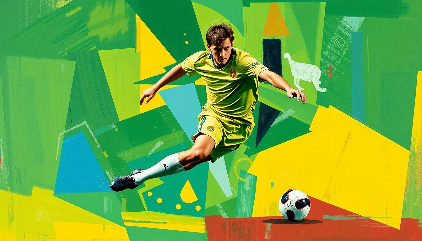 A cubist, geometric painting depicting the fragmented movements of a soccer player, rendered in a vibrant color palette of greens, blues, and yellows.